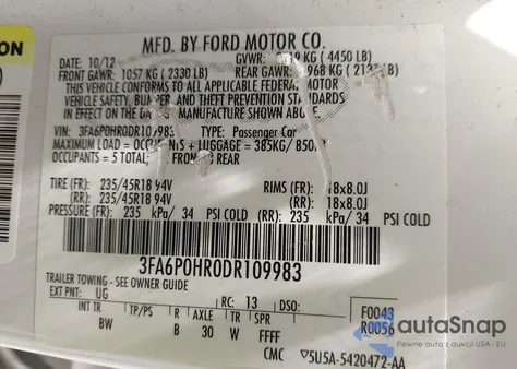 2013 Ford Fusion Se z USA, uszkodzony, nr VIN 3FA6P0HR0DR109983